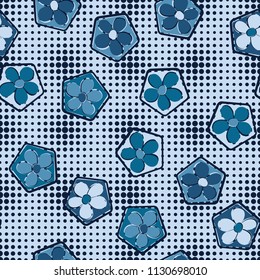 Seamless pattern of flowers inscribed in pentagons. Easily editable.
Against the background of a texture consisting of small round spots of different sizes.