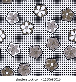 Seamless pattern of flowers inscribed in pentagons. Easily editable.
Against the background of a texture consisting of small round spots of different sizes.