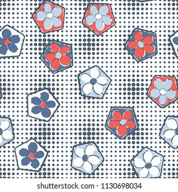 Seamless pattern of flowers inscribed in pentagons. Easily editable.
Against the background of a texture consisting of small round spots of different sizes.