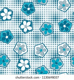Seamless pattern of flowers inscribed in pentagons. Easily editable.
Against the background of a texture consisting of small round spots of different sizes.