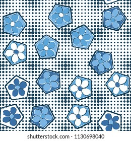 Seamless pattern of flowers inscribed in pentagons. Easily editable.
Against the background of a texture consisting of small round spots of different sizes.