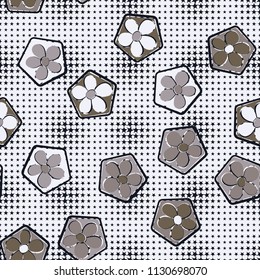 Seamless pattern of flowers inscribed in pentagons. Easily editable.
Against the background of a texture consisting of pointed stars of variable magnitude.