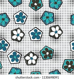 Seamless pattern of flowers inscribed in pentagons. Easily editable.
Against the background of a texture consisting of pointed stars of variable magnitude.