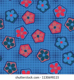 Seamless pattern of flowers inscribed in pentagons. Easily editable.
Against the background of a texture consisting of pointed stars of variable magnitude.