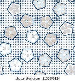 Seamless pattern of flowers inscribed in pentagons. Easily editable.
Against the background of a texture consisting of pointed stars of variable magnitude.