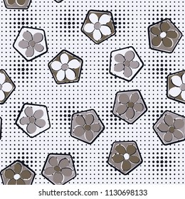 Seamless pattern of flowers inscribed in pentagons. Easily editable.
Against the background of the right rows of small stars of different sizes.