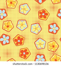 Seamless pattern of flowers inscribed in pentagons. Easily editable.
Against the background of the right rows of small stars of different sizes.