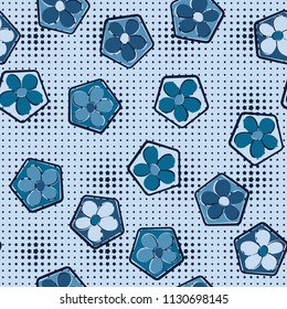 Seamless pattern of flowers inscribed in pentagons. Easily editable.
Against the background of the right rows of small stars of different sizes.