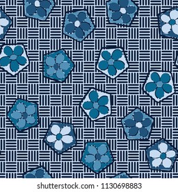 Seamless pattern of flowers inscribed in pentagons. Easily editable.
Against the backdrop of the texture consisting of striped squares located in chess rows