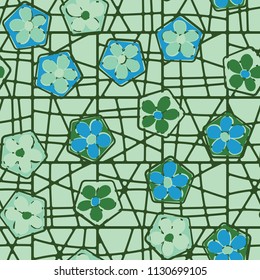 Seamless pattern of flowers inscribed in pentagons. Easily editable.
Against the background of a grid of squares broken into fragments.