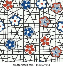 Seamless pattern of flowers inscribed in pentagons. Easily editable.
Against the background of a grid of squares broken into fragments.