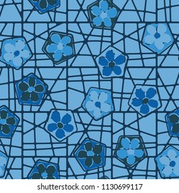 Seamless pattern of flowers inscribed in pentagons. Easily editable.
Against the background of a grid of squares broken into fragments.