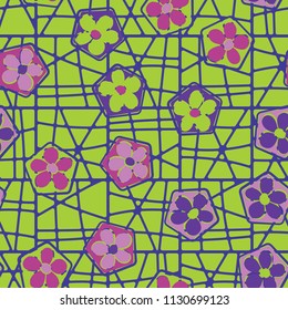 Seamless pattern of flowers inscribed in pentagons. Easily editable.
Against the background of a grid of squares broken into fragments.
