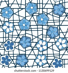 Seamless pattern of flowers inscribed in pentagons. Easily editable.
Against the background of a grid of squares broken into fragments.