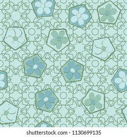 Seamless pattern of flowers inscribed in pentagons. Easily editable.
Against the backdrop of a lacy texture consisting of four-sided elements.