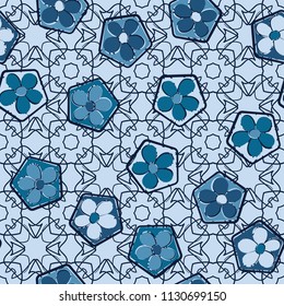Seamless pattern of flowers inscribed in pentagons. Easily editable.
Against the backdrop of a lacy texture consisting of four-sided elements.