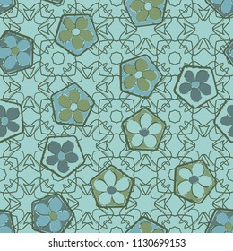 Seamless pattern of flowers inscribed in pentagons. Easily editable.
Against the backdrop of a lacy texture consisting of four-sided elements.