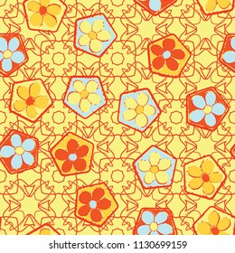 Seamless pattern of flowers inscribed in pentagons. Easily editable.
Against the backdrop of a lacy texture consisting of four-sided elements.