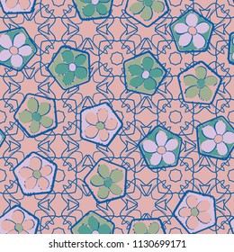 Seamless pattern of flowers inscribed in pentagons. Easily editable.
Against the backdrop of a lacy texture consisting of four-sided elements.