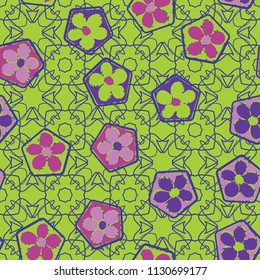 Seamless pattern of flowers inscribed in pentagons. Easily editable.
Against the backdrop of a lacy texture consisting of four-sided elements.