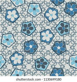 Seamless pattern of flowers inscribed in pentagons. Easily editable.
Against the backdrop of a lacy texture consisting of four-sided elements.