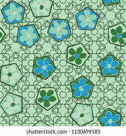 Seamless pattern of flowers inscribed in pentagons. Easily editable.
Against the backdrop of a lacy texture consisting of four-sided elements.