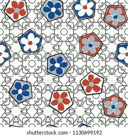 Seamless pattern of flowers inscribed in pentagons. Easily editable.
Against the backdrop of a lacy texture consisting of four-sided elements.