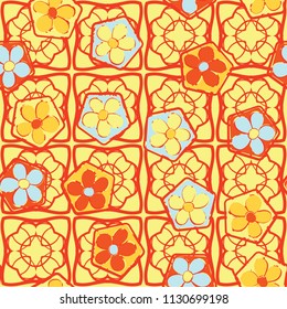 Seamless pattern of flowers inscribed in pentagons. Easily editable.
Against the background of a texture made up of openwork quadrangles.