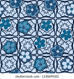Seamless pattern of flowers inscribed in pentagons. Easily editable.
Against the background of a texture made up of openwork quadrangles.