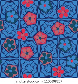 Seamless pattern of flowers inscribed in pentagons. Easily editable.
Against the background of a texture made up of openwork quadrangles.