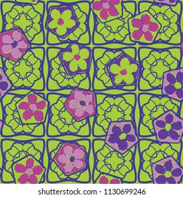 Seamless pattern of flowers inscribed in pentagons. Easily editable.
Against the background of a texture made up of openwork quadrangles.