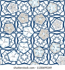 Seamless pattern of flowers inscribed in pentagons. Easily editable.
Against the background of a texture made up of openwork quadrangles.