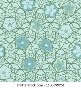 Seamless pattern of flowers inscribed in pentagons. Easily editable.
Against the backdrop of textures consisting of lacework stars.