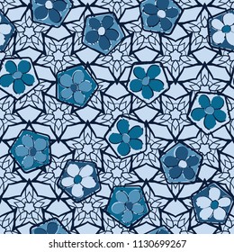 Seamless pattern of flowers inscribed in pentagons. Easily editable.
Against the backdrop of textures consisting of lacework stars.