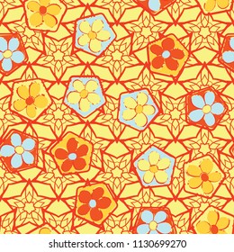 Seamless pattern of flowers inscribed in pentagons. Easily editable.
Against the backdrop of textures consisting of lacework stars.