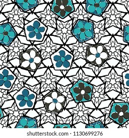 Seamless pattern of flowers inscribed in pentagons. Easily editable.
Against the backdrop of textures consisting of lacework stars.
