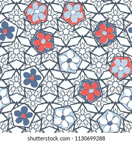 Seamless pattern of flowers inscribed in pentagons. Easily editable.
Against the backdrop of textures consisting of lacework stars.
