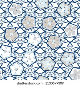 Seamless pattern of flowers inscribed in pentagons. Easily editable.
Against the backdrop of textures consisting of lacework stars.