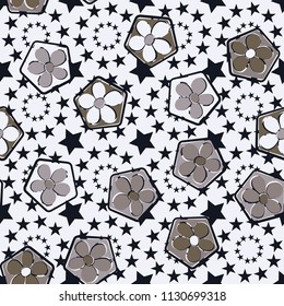 Seamless pattern of flowers inscribed in pentagons. Easily editable.
Against the background of the circles formed by five-pointed stars.
