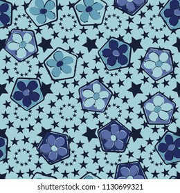 Seamless pattern of flowers inscribed in pentagons. Easily editable.
Against the background of the circles formed by five-pointed stars.