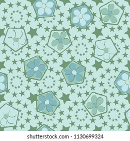 Seamless pattern of flowers inscribed in pentagons. Easily editable.
Against the background of the circles formed by five-pointed stars.