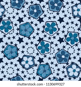 Seamless pattern of flowers inscribed in pentagons. Easily editable.
Against the background of the circles formed by five-pointed stars.