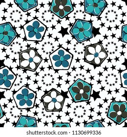 Seamless pattern of flowers inscribed in pentagons. Easily editable.
Against the background of the circles formed by five-pointed stars.