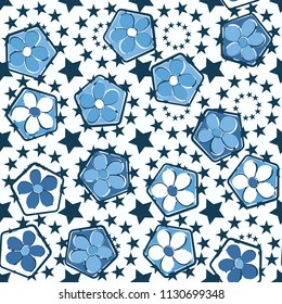 Seamless pattern of flowers inscribed in pentagons. Easily editable.
Against the background of the circles formed by five-pointed stars.