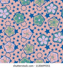 Seamless pattern of flowers inscribed in pentagons. Easily editable.
Against the background of the circles formed by five-pointed stars.