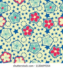 Seamless pattern of flowers inscribed in pentagons. Easily editable.
Against the background of the circles formed by five-pointed stars.