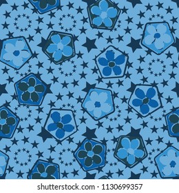Seamless pattern of flowers inscribed in pentagons. Easily editable.
Against the background of the circles formed by five-pointed stars.