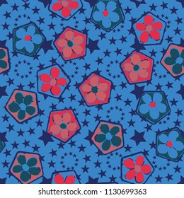 Seamless pattern of flowers inscribed in pentagons. Easily editable.
Against the background of the circles formed by five-pointed stars.