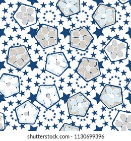 Seamless pattern of flowers inscribed in pentagons. Easily editable.
Against the background of the circles formed by five-pointed stars.