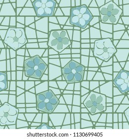 Seamless pattern of flowers inscribed in pentagons. Easily editable.
Against the background of a grid of squares broken into fragments.